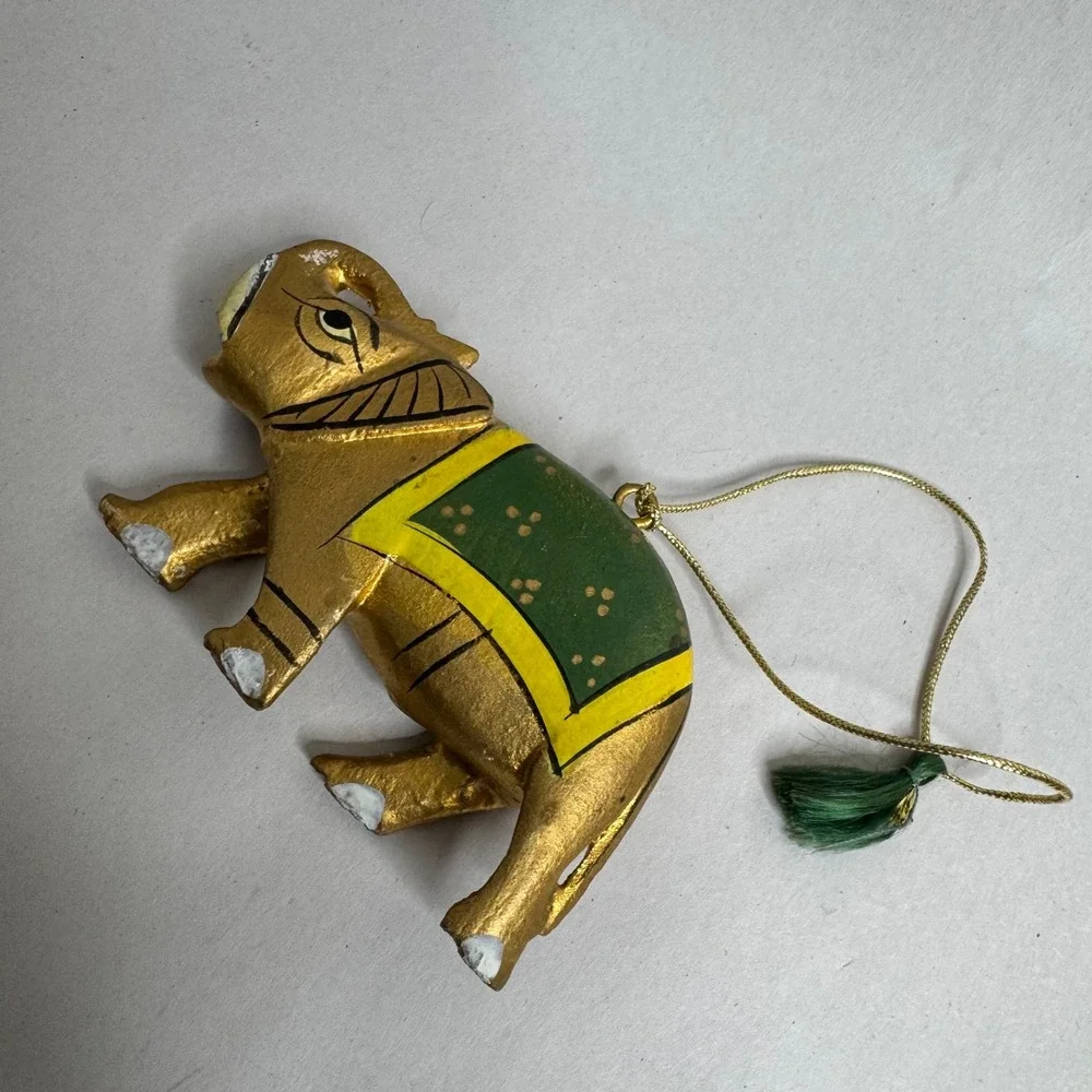Hand Painted Gold Elephant Christmas Ornament Green Yellow Tassel‎ Hanging Decor